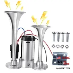 Animgrth Lb-45 Upgraded 12v 600db Air Horn Dual Trumpets Super Loud Truck Train Large Silver
