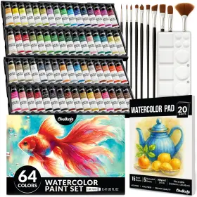 Chalkola 64 Watercolorpaints Watercolor Paint Set Tubes 12ml 10 Brushes Palette 20 Paper Pad Art Supplies
