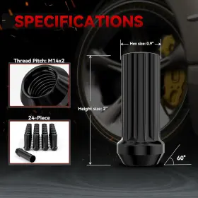 Eoth 705353724916 14mmx2.0 Wheel Lug Nuts 24pcs 1pcs Socket M14x2 Black Thread Xl Spline #2
