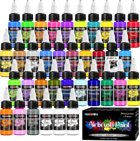 Fap-36 Fansarriche Airbrush Paint Set 34 Colors Acrylic Air Brush Kit With 2 Thi
