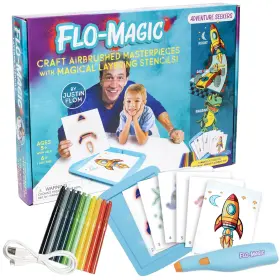 Flm02104 Flo-magic Adventure Airbrush Marker Stencil Art Kit- Rocket Race Car Dinosaur- Washab