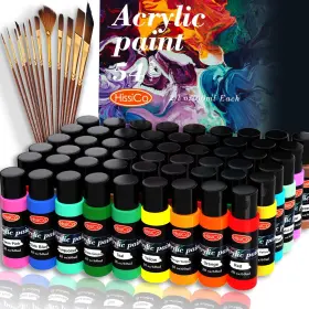 With12 Hissico 783907642657 Acrylic Paint Set 66 Pcs Of 54 Colors 2fl Oz 60ml Bottles Brushes Non