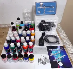 Hs08ac-sk Hseng New Airbrush Kit With Gun And 34 New/used Various Bottles Paint