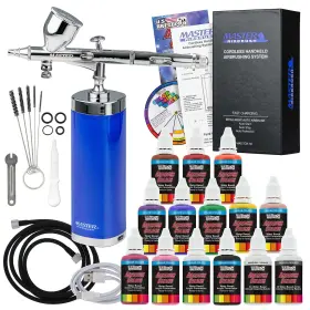 Master Airbrush 840234514436 Powerful Cordless Handheld Acrylic Paint Airbrushing System With 12 Primary O