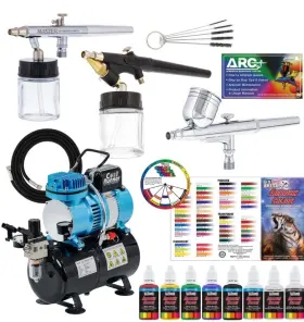 Master Airbrush 848849016055 3 Pro Air Compressor Kit 6 Primary Colors Acrylic Paint Set
