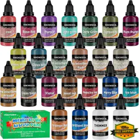 Rhinowisdom 313038254278 22 Colors With 2 Thinner Metallic Acrylic Airbrush Paint Set For Metal Canvas