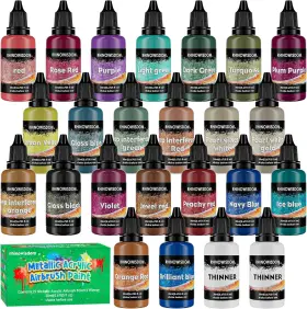 Rhinowisdom 313097850824 Airbrush Paint - 22 Colors With 2 Thinner Metallic Air Brush Set Ready To