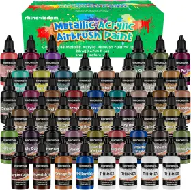 Rhinowisdom 445043866870 Airbrush Paint - 44 Colors With 4 Thinner Metallic Air Brush Set Ready To