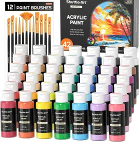 Saap42 Shuttle Art Acrylic Paint 42 Colors Set 2oz/60ml Bottles Rich Pigments 12 Brus