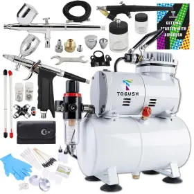 Md009 T Togush 726673255447 Airbrush Kit With Air Compressor Dual Action Gravity And Siphon Feed