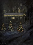 Winter Snow Nocturne Christmas Lights Art Original Oil Painting By Daniel Green. Fixed Price $250.00.
