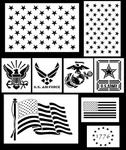 9 Pack Mylar American Patriot Stencil Set Marines Armynavy Flags Us Map 50 Stars. Fixed Price $20.99.